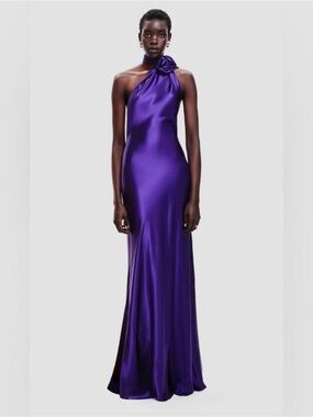 Purple One-Shoulder Satin Evening Gown with Rosette